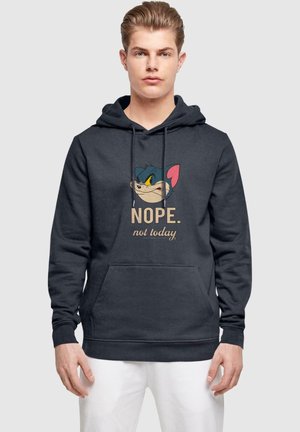 Navy hoodie featuring a cartoon character's face, with the text "NOPE. not today" in beige. Pullover style with a front pocket and drawstring hood.