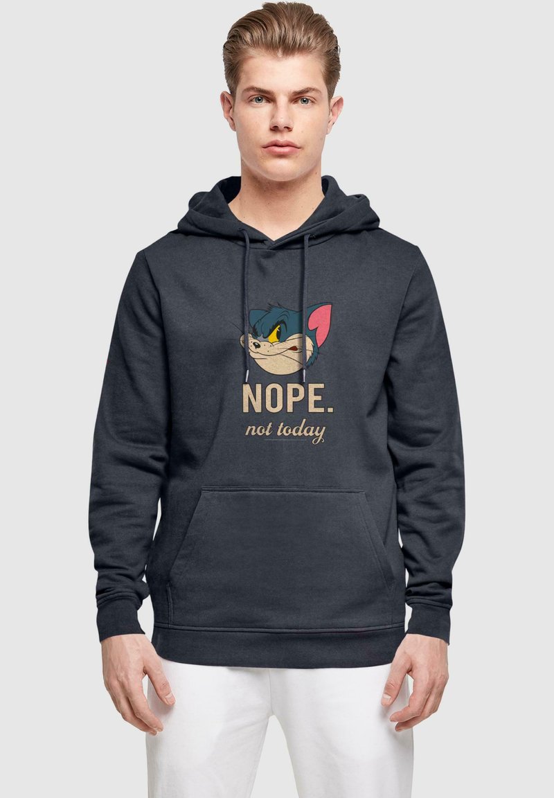 Marinefarbener Hoodie mit dem Gesicht einer Cartoonfigur und dem Text "NEIN. Nicht heute" in beige. Pullover-Stil mit einer Vordertasche und Kapuze mit Kordelzug.