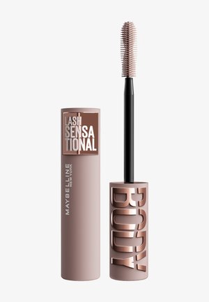 Mascara Maybelline Lash Sensational, tube cylindrique rose avec l'inscription "BODY" en relief. Comprend une brosse noire en spirale avec des poils courts.