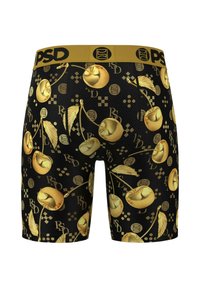 Čierne boxerky s elastickým pásom v zlatej farbe. Obsahujú vzor lesklých zlatých čerešní a motívov na textúrovanom pozadí.