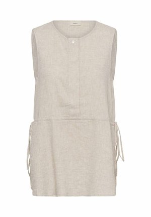 Ärmelloses beiges Leinentop mit rundem Ausschnitt, Einzelknopfverschluss und verstellbaren seitlichen Bindebändern an der Taille.