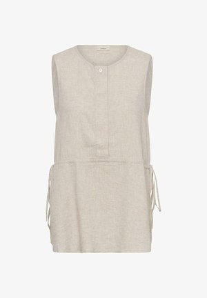Ärmelloses beiges Leinentop mit rundem Ausschnitt, Einzelknopfverschluss und verstellbaren seitlichen Bindebändern an der Taille.