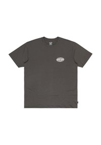 Dark gray cotton t-shirt featuring a small, white, oval graphic on the left chest. Short sleeves, crew neck, and relaxed fit.