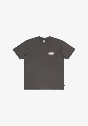 Dark gray cotton t-shirt featuring a small, white, oval graphic on the left chest. Short sleeves, crew neck, and relaxed fit.