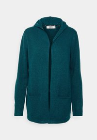 Teal huva cardigan med öppen front, långa ärmar och två framfickor. Tillverkad av ett texturerat material för värme och komfort.