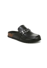 Black leather clog featuring a rounded toe, a chain accent on the vamp, and a cork footbed with a textured rubber sole.