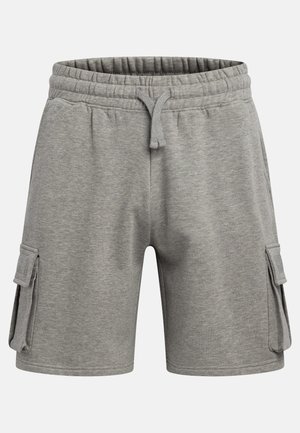 Short cargo gri până la genunchi cu talie elastică, șnur frontal și buzunare cu clapetă pe ambele părți, afișate pe un fundal alb simplu.
