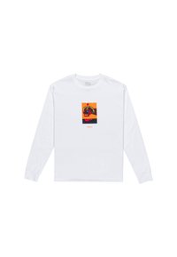 White long-sleeve shirt featuring a colorful graphic print of a skull design outlined in red, blue, and green, with RVCA branding.