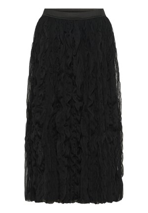 Black midi skirt with layered, textured sheer fabric and fitted waistband, offering a flowing and elegant silhouette.