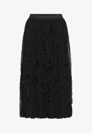 Black midi skirt with layered, textured sheer fabric and fitted waistband, offering a flowing and elegant silhouette.