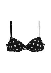 Crni bikini top s točkicama, s potporom od žice, podesivim tankim trakama i nabranoj detaljnom obradom na čašama. Glatka tekstura s okruglim bijelim točkicama.