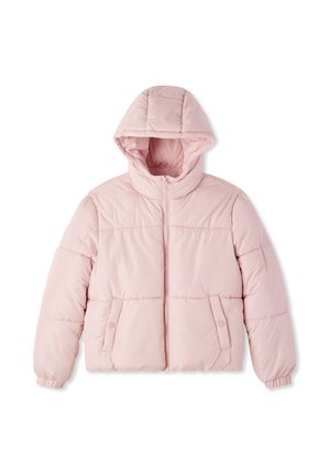 Giacca a vento rosa con chiusura a zip, cappuccio e polsini elasticizzati. Presenta pannelli cuciti e tasche laterali con chiusura a scatto.