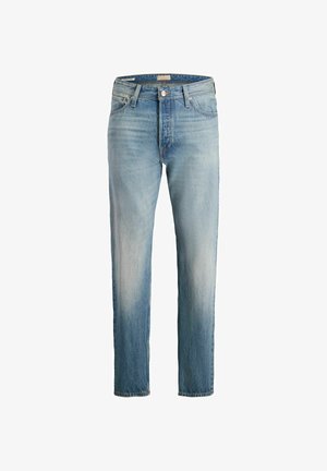 Jean droit bleu clair avec fermeture à bouton et zip, passants de ceinture, et poches avant et arrière, présenté sur un fond blanc.