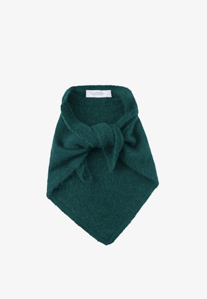 Bufanda de punto verde oscuro con un lazo atado en la parte delantera y una etiqueta blanca visible en el interior que dice RichRoyal.