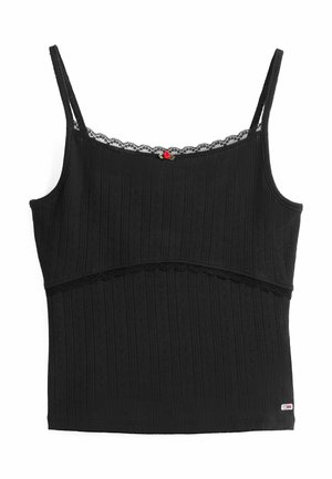 Czarny top na ramiączkach z cienkimi paskami, teksturowanym pionowym prążkowaniem, koronkowym wykończeniem przy dekolcie oraz małym akcentem w postaci czerwonej róży.