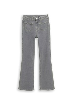 Sivé rifľové nohavice s vysokým pásom, predným zapínaním na gombík a zips, dvoma prednými vreckami a rozšírenými širokými nohavicami.