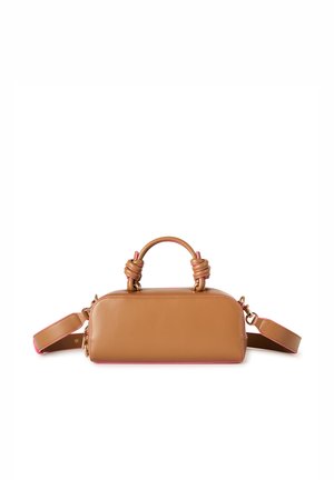 Rectangular tan leather handbag with knotted handle and detachable shoulder strap, displayed against a white background.
