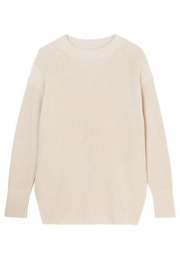Pull in maglia di un bianco sporco, con colletto rotondo, spalle scese e spacchi laterali. La texture è a coste e consistente.