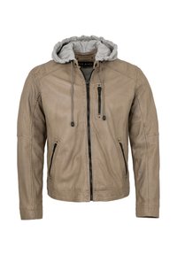 Beige Lederjacke mit grauem Kapuzenfutter, Reißverschluss vorne und Seitentaschen. Sie verfügt über ein schlankes, tailliertes Design und strukturierter Stoff.