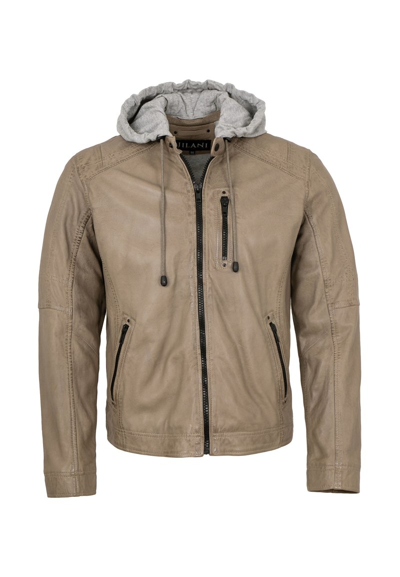 Beige Lederjacke mit grauem Kapuzenfutter, Reißverschluss vorne und Seitentaschen. Sie verfügt über ein schlankes, tailliertes Design und strukturierter Stoff.