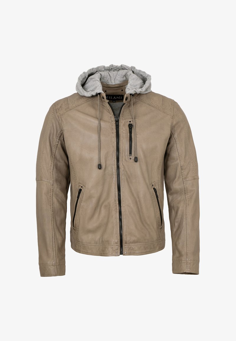 Beige Lederjacke mit grauem Kapuzenfutter, Reißverschluss vorne und Seitentaschen. Sie verfügt über ein schlankes, tailliertes Design und strukturierter Stoff.