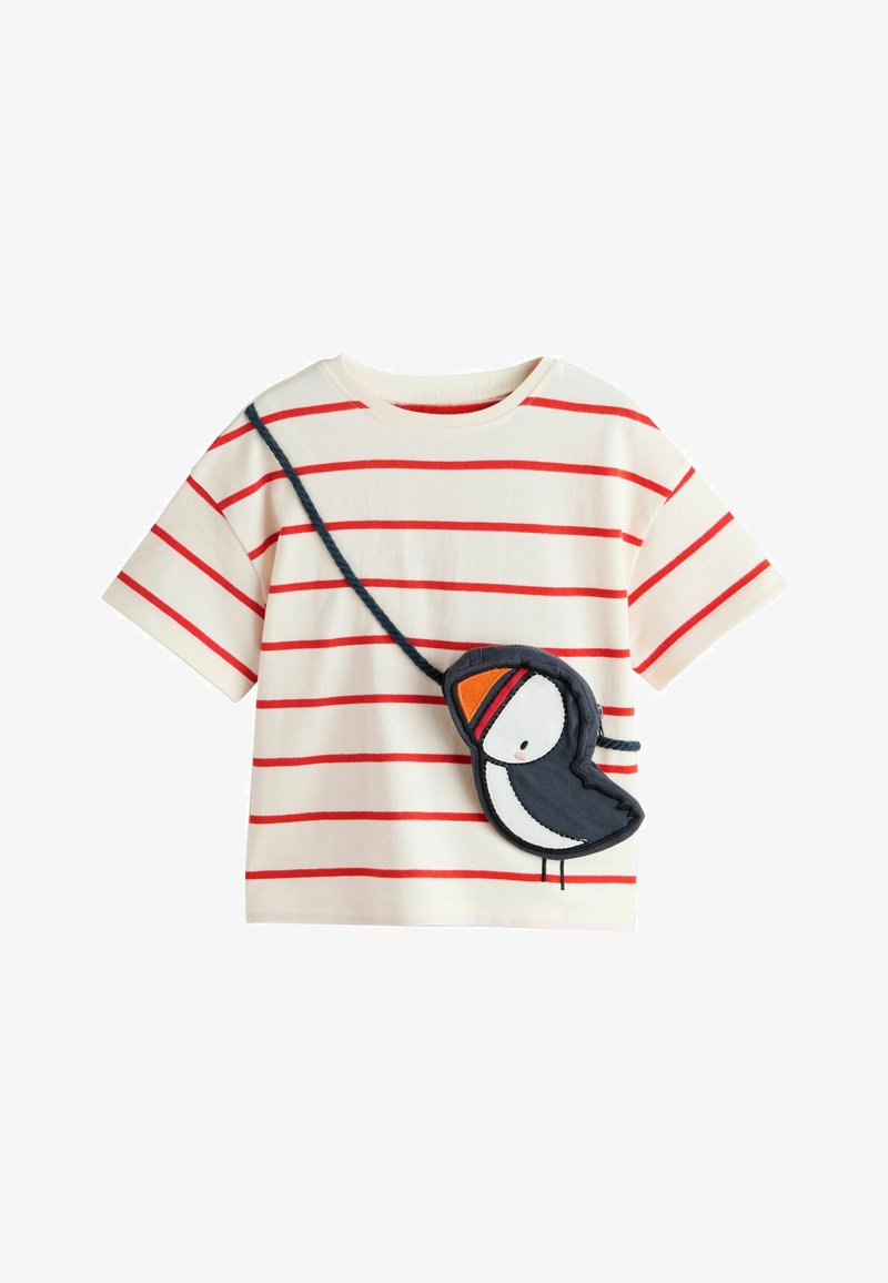 Gestreiftes T-Shirt in Creme mit roten Linien, mit einem aufgenähten Papageitaucher-Design mit strukturierter Oberfläche und einer abnehmbaren, strukturierten Tasche.
