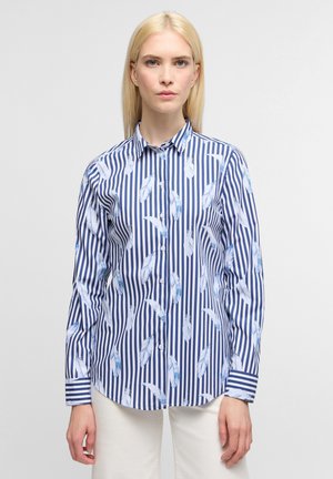 Button-up shirt in blue and white, featuring vertical stripes and a feather print. Soft fabric, long sleeves with contrasting striped cuffs.