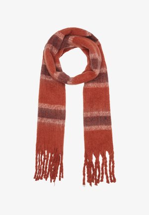 Roestkleurige sjaal met een zachte, gestructureerde afwerking. Heeft horizontale strepen in donkerdere tinten en franjes aan de uiteinden.