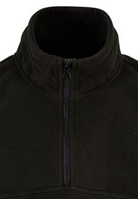 Svart fleecegenser med høy krage og frontglidelås. Glatt tekstur, lett design, med sydd detaljer langs sømmene.