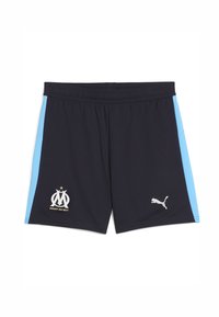 Tamsiai mėlyni sportiniai šortai su šviesiai mėlynomis šoninėmis juostomis, elastingu juosmeniu, siuvinėtu klubo logotipu ir baltu Puma logotipu.