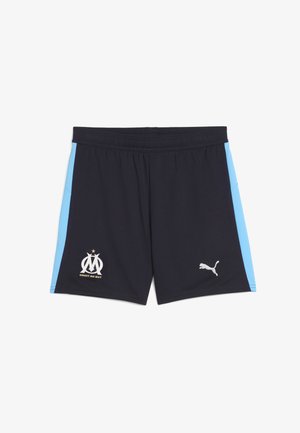 Mornarske atletske kratke hlače s svijetloplavim bočnim panelima, elastičnom strukom, izvezenim klubskim logotipom i Puma logotipom u bijeloj boji.
