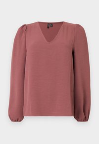 Μπλούζα σε στυλ dusty rose με μακριά μανίκια, V-λαιμόκοψη, φουσκωτούς ώμους και ελαστικά μανσέτες, παρουσιασμένη σε απλό ανοιχτό φόντο.