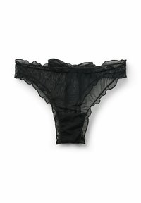 String en dentelle noire avec bordures volantées, texture transparente et un panneau en coton noir uni à l'arrière. Léger et délicatement conçu.