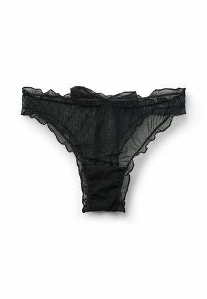 Černé krajkové tanga s vroubkovanými okraji, průsvitnou texturou a pevným černým bavlněným panelem vzadu. Lehká a jemně navržená.
