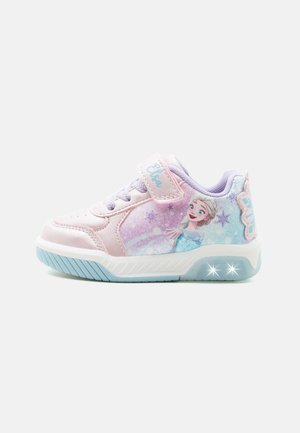 Children's pink and blue sneaker with Elsa from Frozen illustration, light-up sole, and Velcro strap closure on a white background.