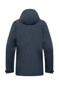 Veste imperméable bleu marine avec capuche, présentant une texture lisse, des manches longues et des poignets ajustables. La vue arrière montre des détails minimaux.
