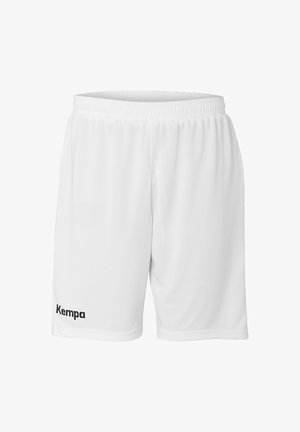 Shorts de sport blancs en tissu léger avec une taille élastique. Présente un logo "Kempa" noir sur le côté gauche.