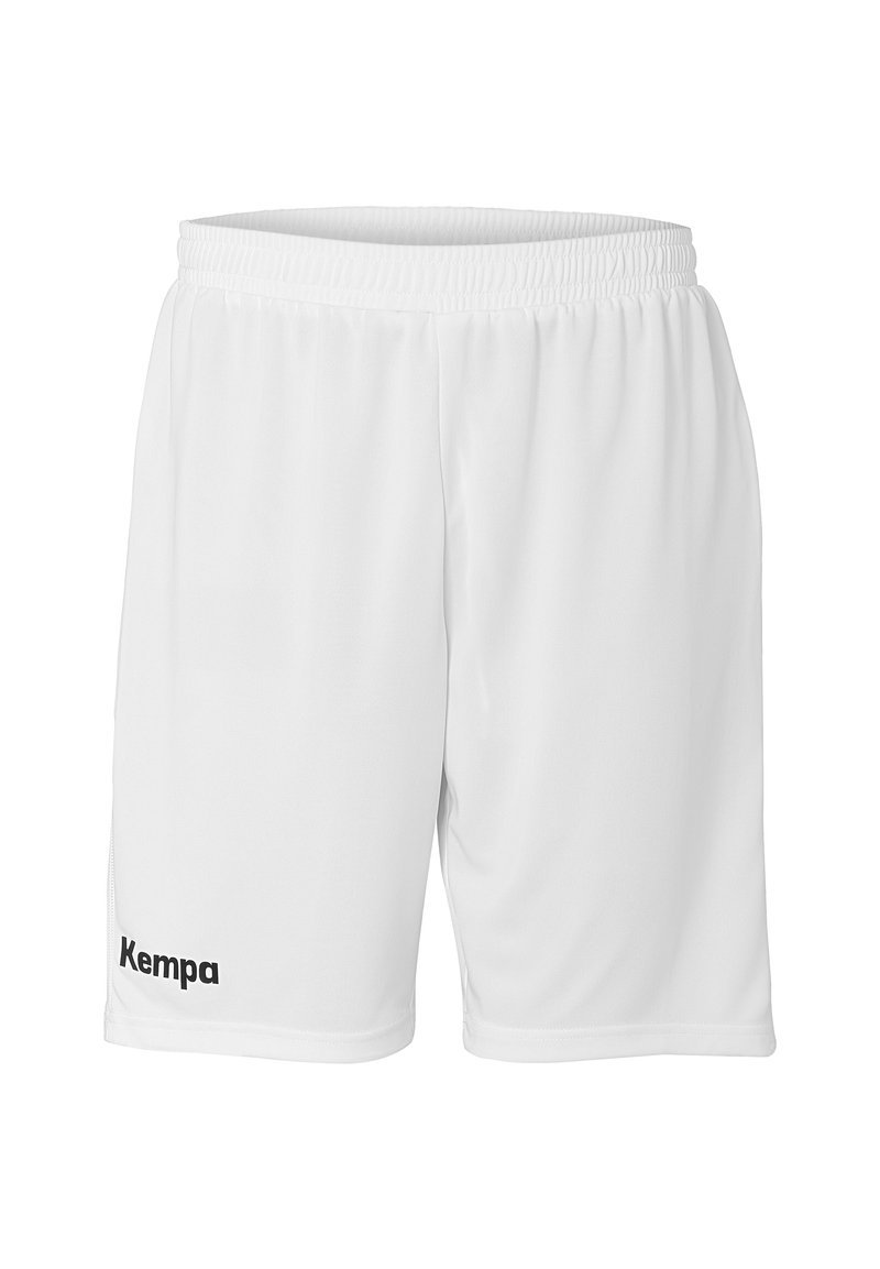 Witte sportieve shorts van lichtgewicht stof met een elastische tailleband. Heeft een zwart "Kempa" logo aan de linkerkant.