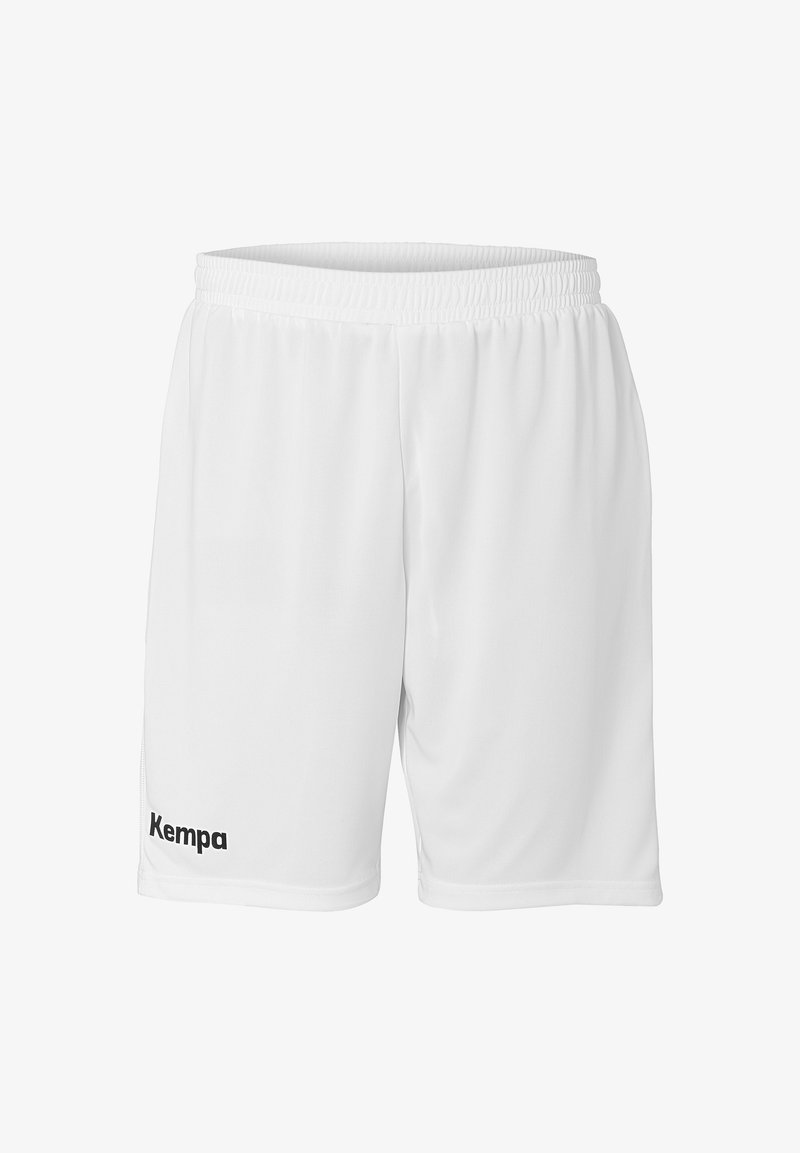 Witte sportieve shorts van lichtgewicht stof met een elastische tailleband. Heeft een zwart "Kempa" logo aan de linkerkant.