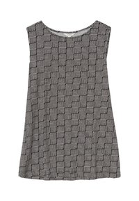 Vestido sin mangas en negro y beige, con un patrón geométrico de hojas, cuello redondo y un diseño suelto y fluido.