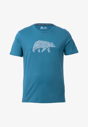 Camiseta de algodón color azul verdoso con un gráfico geométrico de un oso en blanco, mangas cortas y cuello redondo, con una sutil etiqueta de la marca.