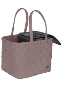 Gewebte rosa Tragetasche mit doppelten Griffen, ausgestattet mit einem herausnehmbaren schwarzen Innenfach und einem Druckverschluss. Strukturiertes Äußeres.