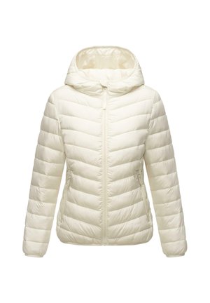 Jachetă puf de tipul light într-o nuanță albă murdară, având glugă, închidere cu fermoar și un model de matlasare diagonale, cu două buzunare laterale.