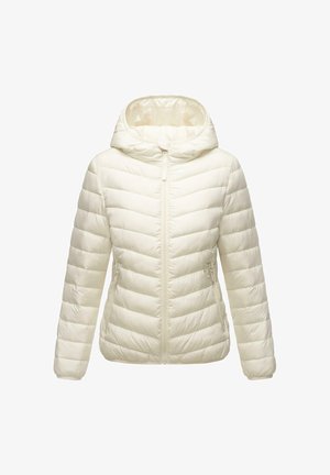 Leichte Pufferjacke in Off-White, mit Kapuze, Reißverschluss und diagonaler Steppung sowie zwei Seitentaschen.