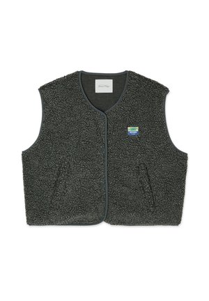 Gray fleece vest with a textured, looped fabric. Features a button closure, round neck, and a small patch logo on the left chest.