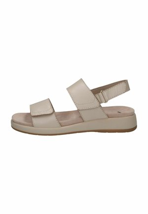 Beige sandaal met twee verstelbare klittenbandsluitingen, een gevoerde voetbed en een lage, gestructureerde zool voor comfort en stabiliteit.