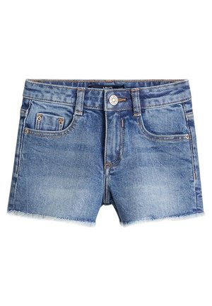 Jeansshorts in Hellblau; mit ausgefranstem Saum, zwei Vordertaschen, einem Knopfverschluss und sichtbaren Nahtdetails.