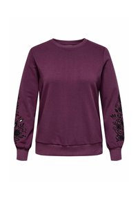 Sweatshirt violet à manches longues avec une broderie florale noire sur les poignets. Confectionné en tissu doux et texturé avec un col rond.