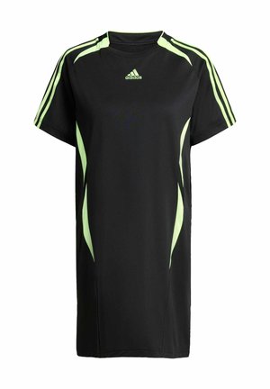 Schwarzes Sportshirt mit kurzen Ärmeln, das grüne Akzente und Streifen aufweist. Aus leichtem Material, um Komfort während sportlicher Aktivitäten zu gewährleisten.