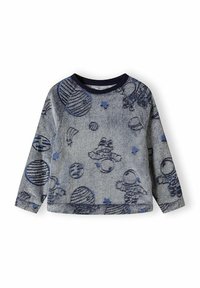 Navy blue fleece sweatshirt featuring textures, spaceships, and planetary designs in shades of blue, with a round neckline and long sleeves.